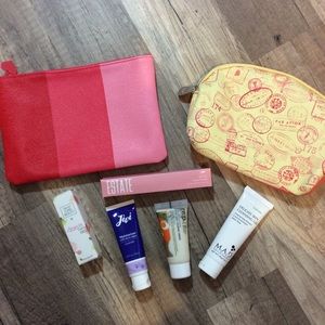 Makeup bags + lip glosses + facial routine